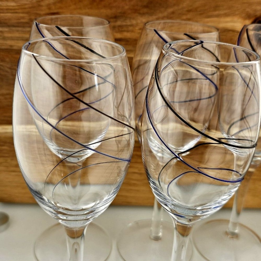 6) Fused Glass Swirl Delicate Double Line Champagne Flutes 8" Glasses blue black - Picture 2 of 11